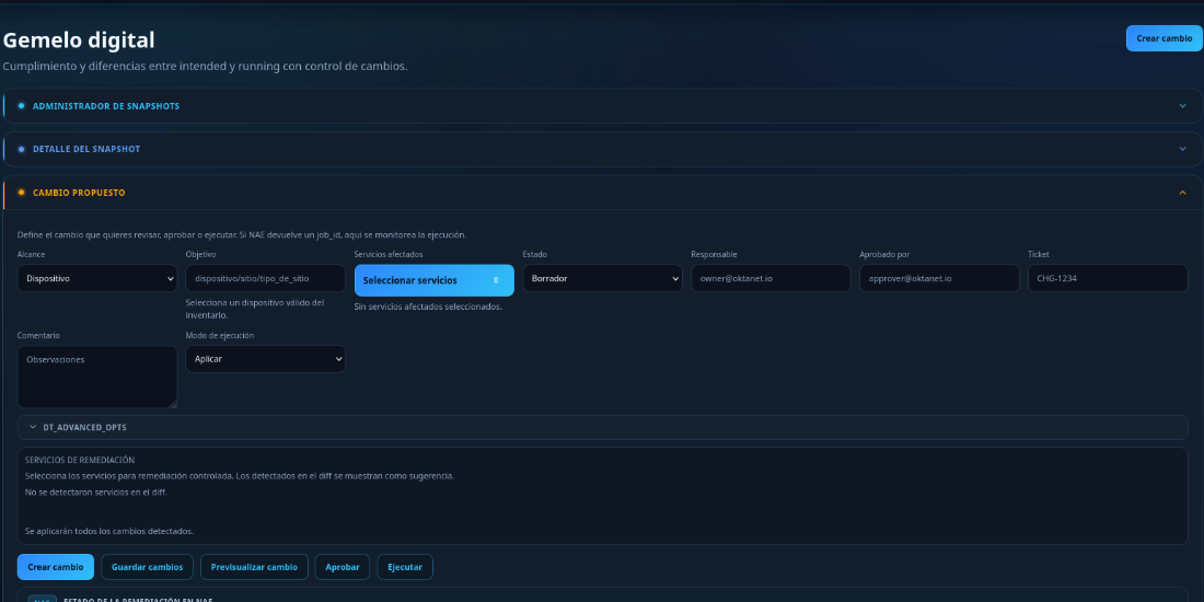 Gemelo Digital de Oktavia con un cambio propuesto y sus botones de aprobar y ejecutar